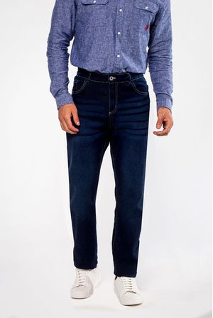 Calça Masculina Jeans Com Stretch Slim Fit 5 Pockets Com Bordado E Lavagem Escura Denim Escuro