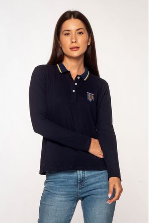 Camisa Polo Feminina Piquet Stretch Retilinea Lurex e Patch Azul