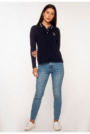 Camisa Polo Feminina Piquet Stretch Retilinea Lurex e Patch Azul