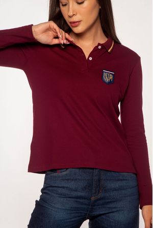 Camisa Polo Feminina Piquet Stretch Retilinea Lurex Patch - Vinho